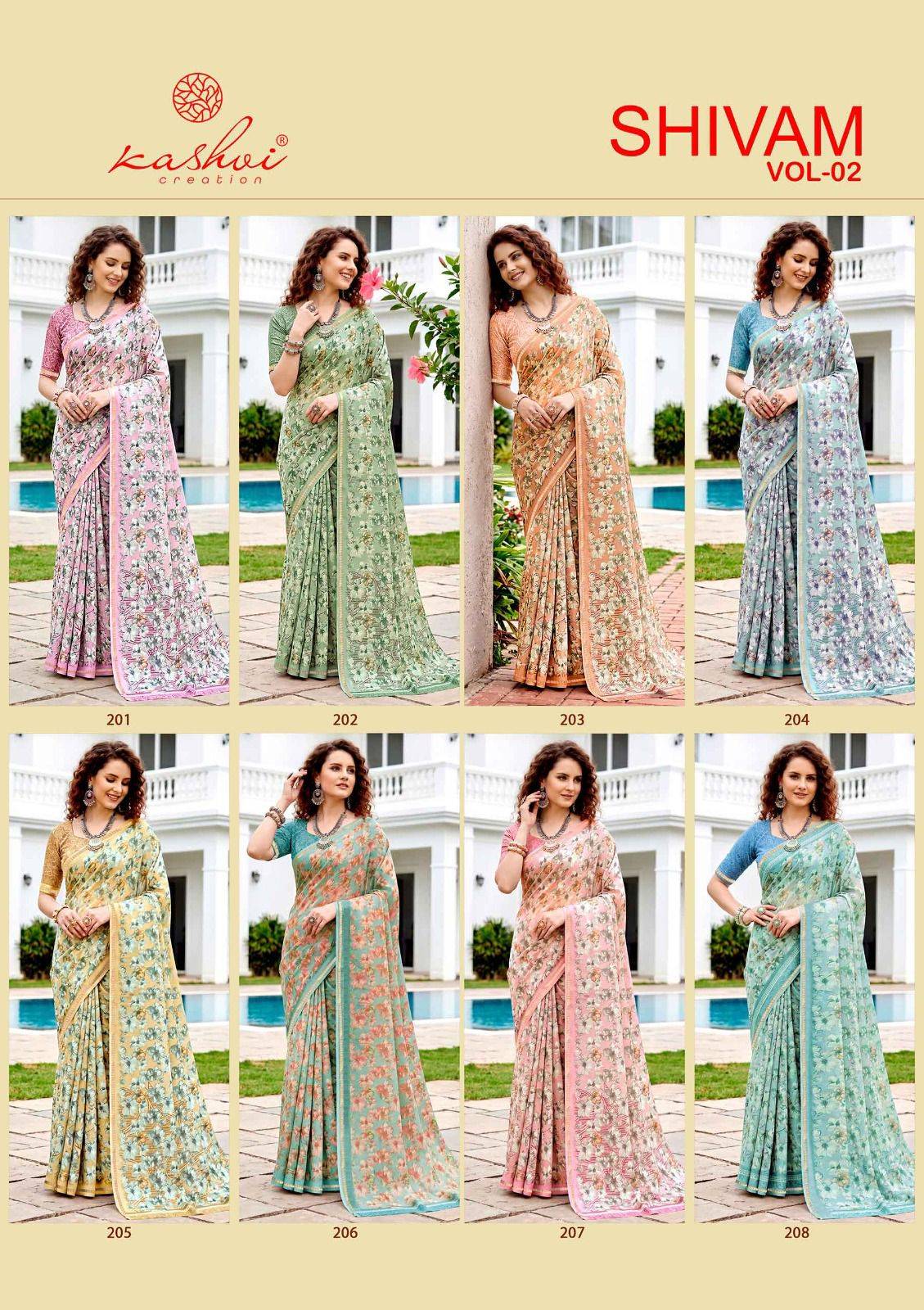 SHIVAM VOL. 2 By KASHVI CREATION 201 To 208 Series Indian Traditional Wear DULL MOSS VISCOSE sarees At Wholesale Price